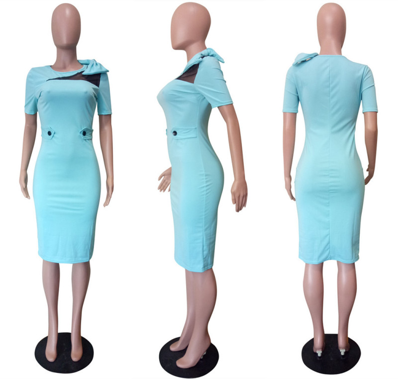 Solid Color Fitted Mesh Panel Off-Shoulder Neck Dress
