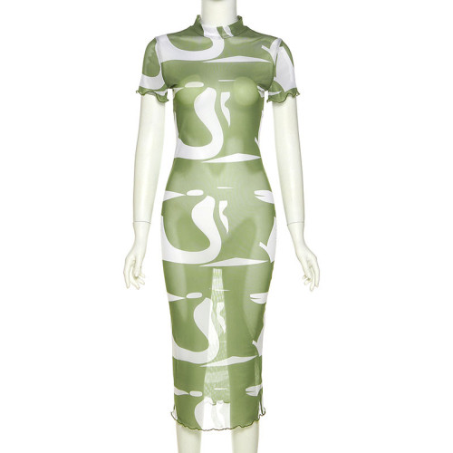 Women's Fashion Round Neck Short Sleeve Sexy Mesh Perspective Slim Print Dress