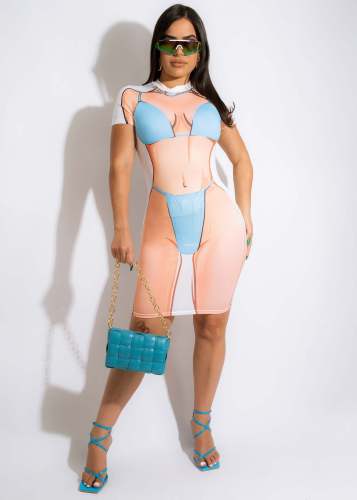 Positioning printing underwear outer wear visual effect multicolor dress