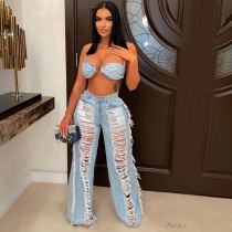 strapless halterneck ripped tassel suit