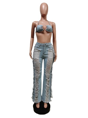 strapless halterneck ripped tassel suit