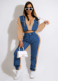 Casual denim paneled hooded suit