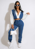 Casual denim paneled hooded suit