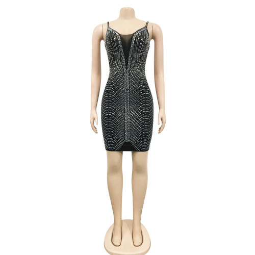 Sexy women's nightclub hot drill sexy sling V-neck mid-skirt dress women