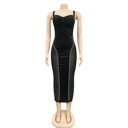 Solid Color Sexy Sling Wrap Bust Open Back Skinny Stretch Mesh Dress