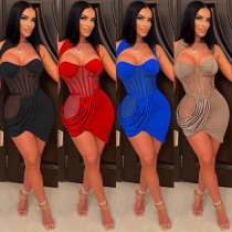 Solid Color Mesh See-Through Wrap Bust Ruffle Irregular Skirt Dress Solid Color Mesh See-Through Wrap Bust Ruffle Irregular Skirt Dress