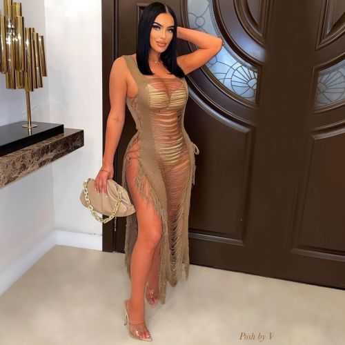 Beach Dress Hook-and-tie fringed cutout holiday dress