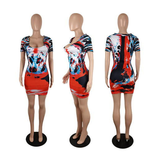 Plus Size Sexy Fashion Deep V Neck Print Dress