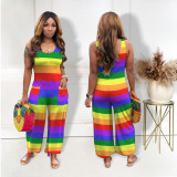 Plus Size Casual Fashion Rainbow Striped Loose Jumpsuit
