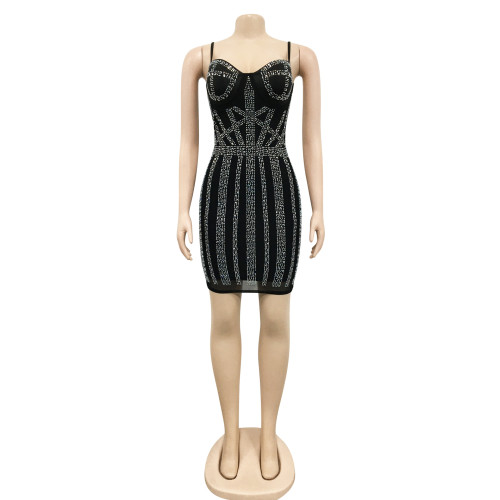 Party Solid Color Hot Diamond Sexy Sling Wrap Breast Mid Skirt Dress
