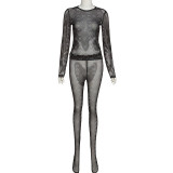 New Sexy Mesh Perspective Printed Long Sleeve Top High Waist Pants Suit Women