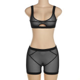 Sexy Mesh Perspective Hollow Sleeveless Top Cover Hip Shorts Suit Women