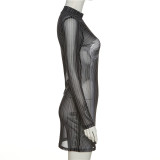 Nightclub Sexy Babes Mesh Perspective 3D Printed Striped Slim Dress