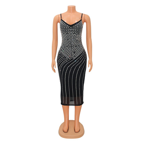 Women's Sexy Skinny Sling Mesh Hot Drill Dress