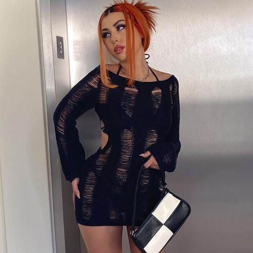 Sexy Cutout Open Back Tie Long Sleeve Slim Fit Knit Dress
