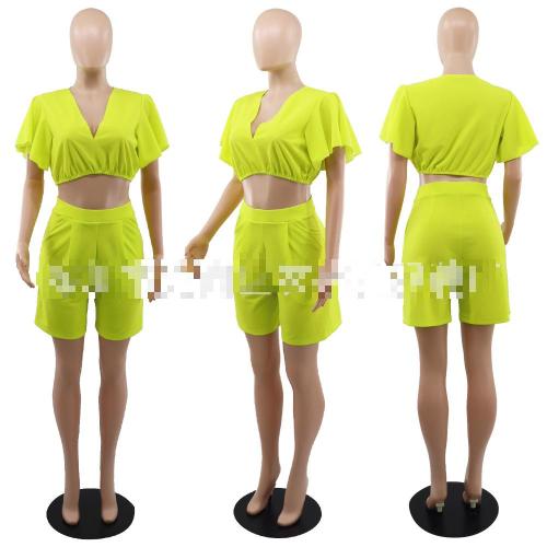 Ruffled Cropped V-Neck Top Casual Shorts Summer Two-Piece Set