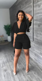 Ruffled Cropped V-Neck Top Casual Shorts Summer Two-Piece Set