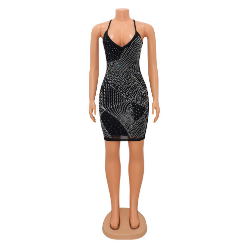 Women's Sexy V-Neck Backless Nightclub Hot Diamond Dress