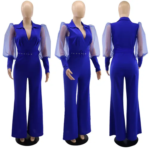 V-neck mesh puff sleeves temperament personality women's loose flared jumpsuit