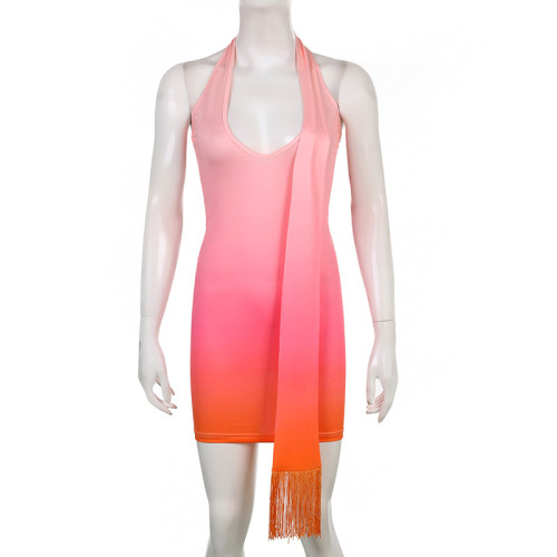 fringed gradient low neck halterneck slim dress skirt