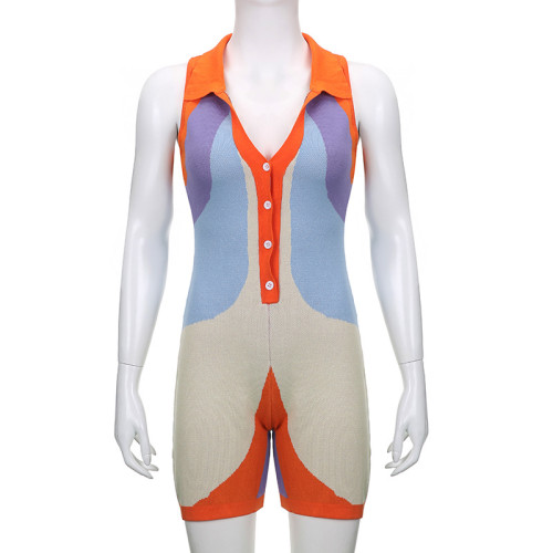 Elegant Women's Wool Stitching Contrast Color Polo Neck Buttoned Sleeveless Jumpsuit Shorts