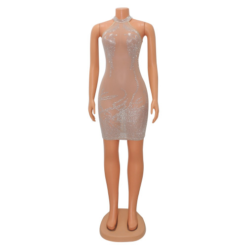 Sexy tight-fitting mesh hot drill see-through nightclub ladies dress