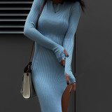 Women's Dress Sexy Tight Backless Slit Long Sleeve Hip Dress