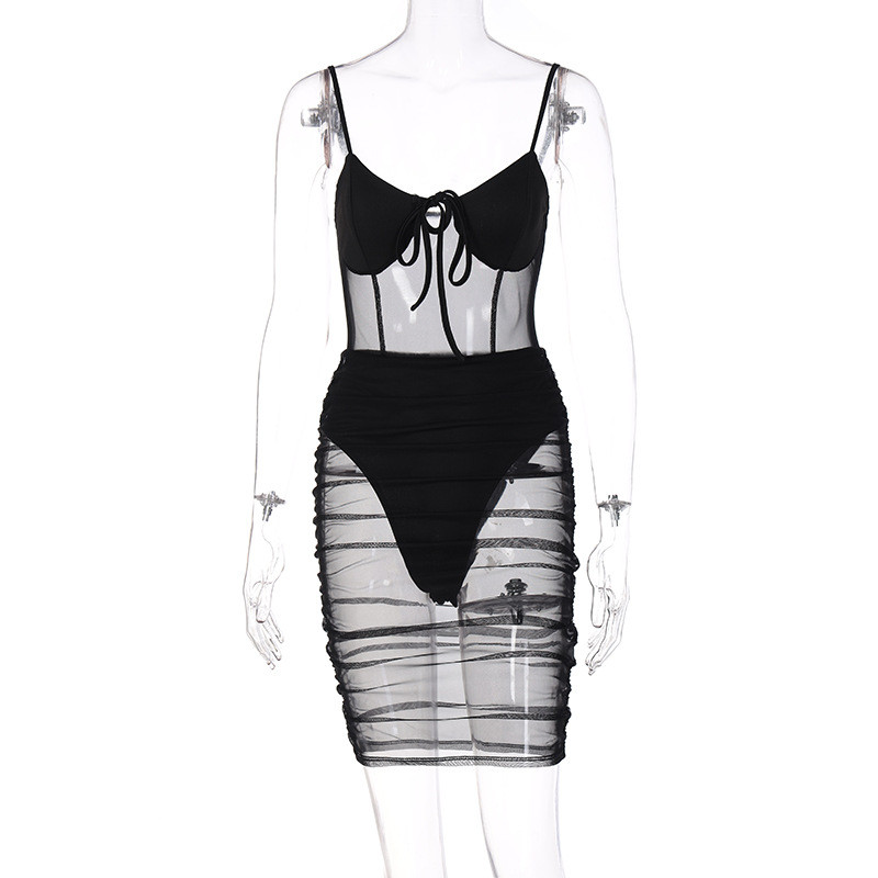 Solid color mesh stitching sexy hot girl suspender dress