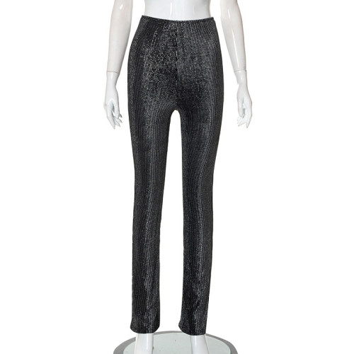 Solid Color Foil Stamping Thread Slim Fit High Waist Casual Trousers