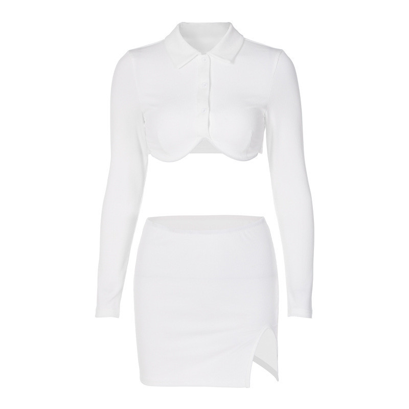 Cardigan long-sleeved short crop top + slim-fit slit skirt two-piece suit