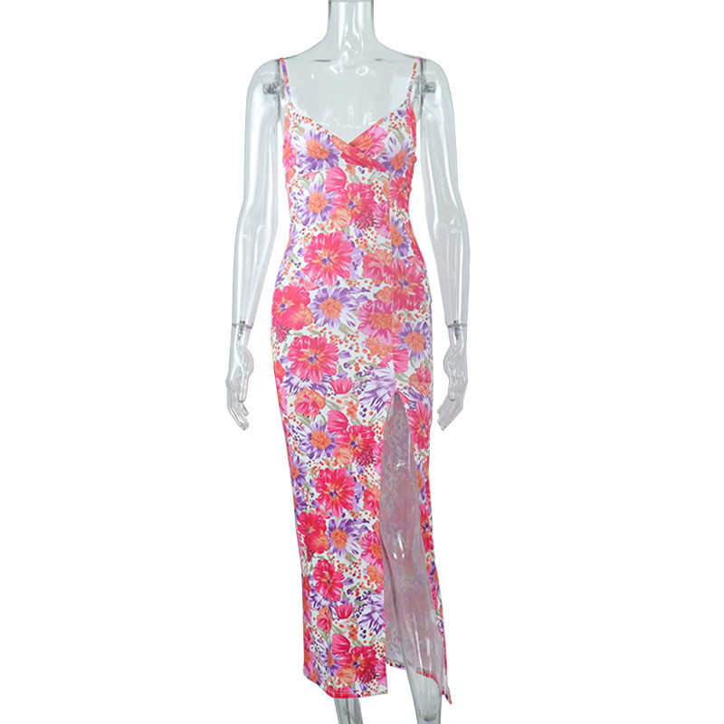 Digital Print V-Neck Sling Mid Length Slit Dress