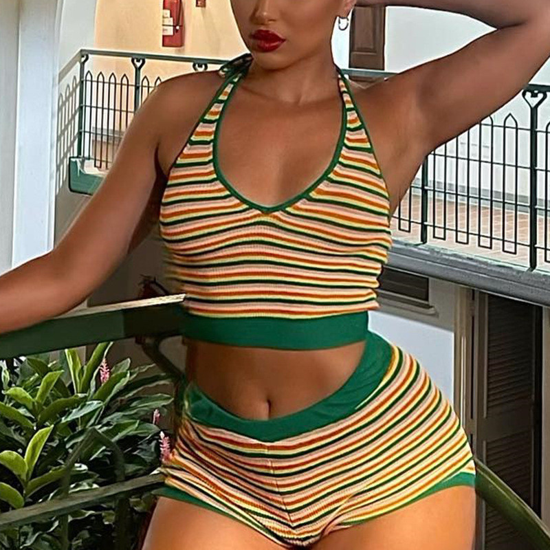 Striped Halter Tie Back Tank Top Contrast Shorts Two-Piece Set