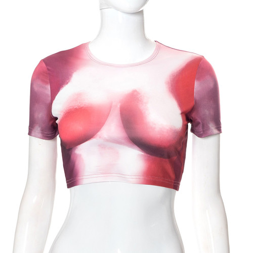 Sexy Color Contrast Printed Cropped Top T-Shirt Women