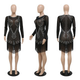 See-through Round Neck Long Sleeve Hot Diamond Dress Fringe Skirt