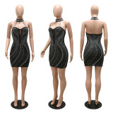 Fashion sexy hanging neck style leaking back hot drill bag hip dress nightclub party style