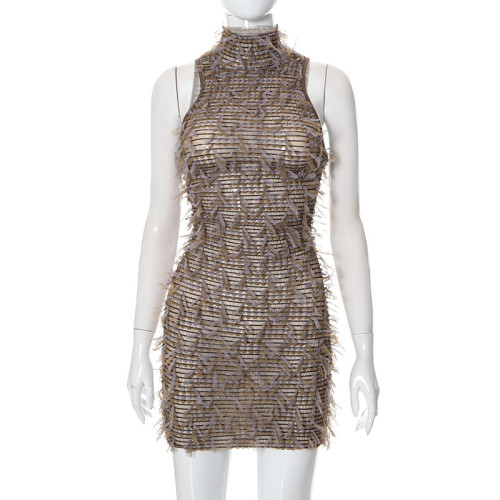 Special Fabric High Neck Sleeveless Hip Wrap Slim Dress