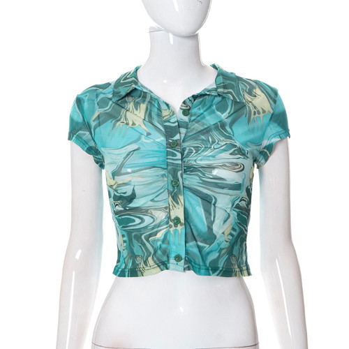 Fashion Printed Short Sleeve T-Shirt Women's POLO Neck Mesh Top