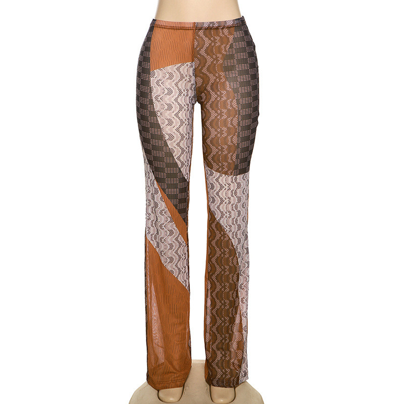 Sexy mesh perspective stitching high waist slim breathable flared casual pants
