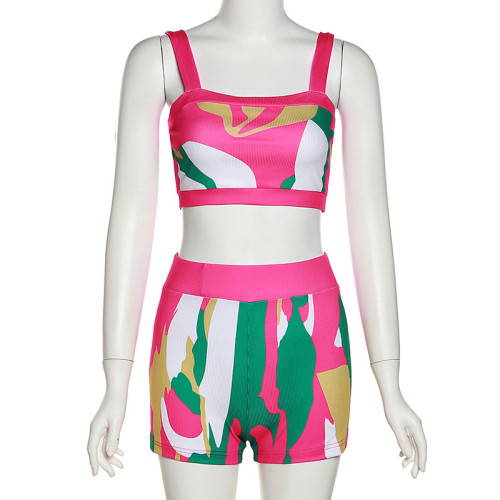 Printed Contrast Cropped Navel Sleeveless Tank Top Skinny Casual Shorts Set
