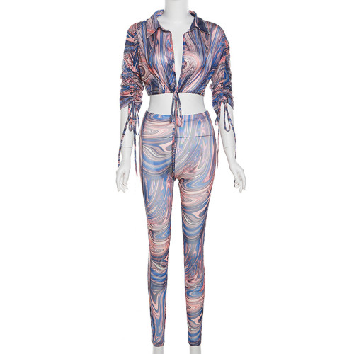 Sexy mesh see-through printing street shooting high waist tight trousers suit