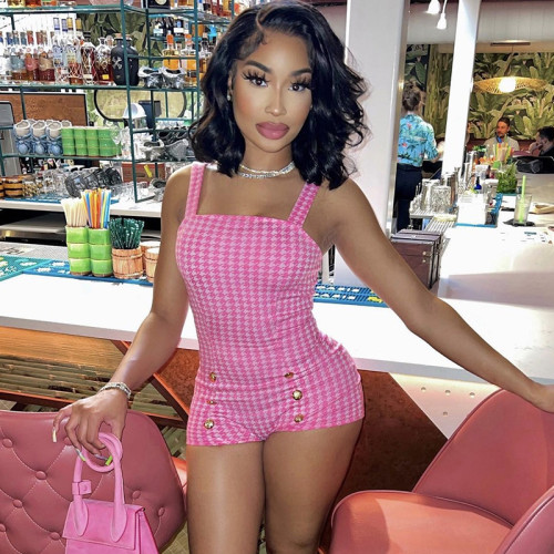 Sexy Suspender Backless Double Breasted Print Slim Fit Hip Lift Jumpsuit