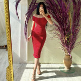One-shoulder gathered dress solid color long skirt temperament elegant summer women's dress