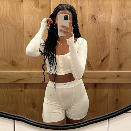 Basic Casual U-Neck Open Button Shorts Suit High Waist Stretch Long Sleeve Two Piece Set