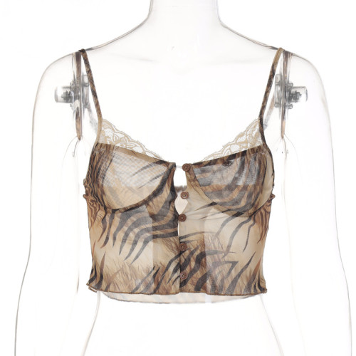 Mesh Print V-Neck Lace Crop Camisole Tank Top