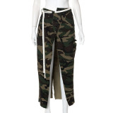 Camouflage Long Skirt With Casual Button Lace Up Pockets