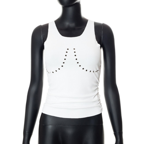Solid Color Casual Eyelet Sleeveless Slim Tank Top T-Shirt
