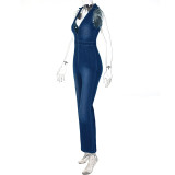 Slim fit and slim zipper sleeveless V-neck high waist fashion retro style denim jumpsuit