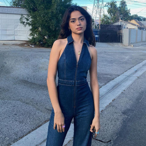 Slim fit and slim zipper sleeveless V-neck high waist fashion retro style denim jumpsuit