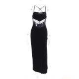 women's lace sexy leak back stitching slit dress