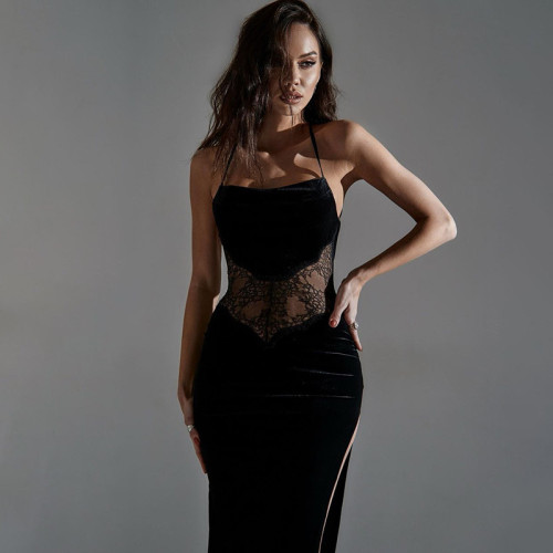 women's lace sexy leak back stitching slit dress